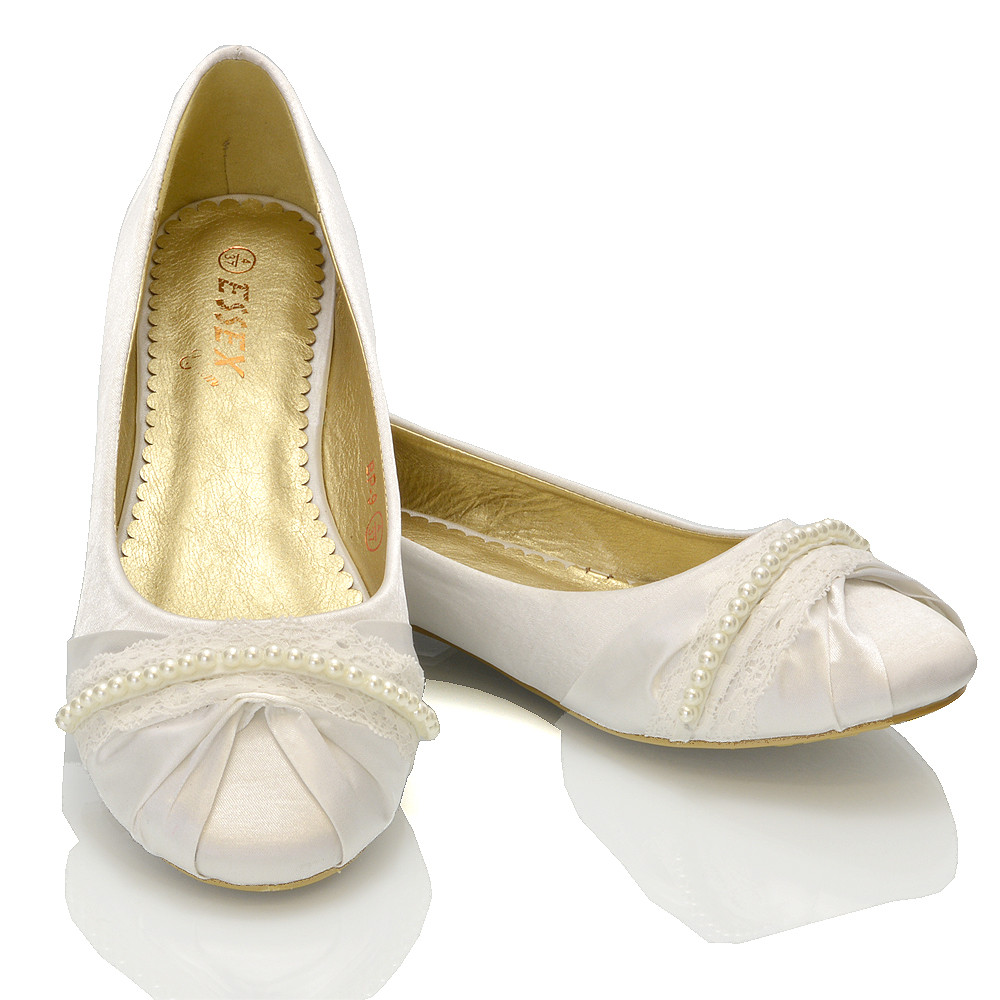 Flat White Wedding Shoes
 NEW WOMENS LACE PEARL WEDDING BRIDAL IVORY WHITE BALLERINA
