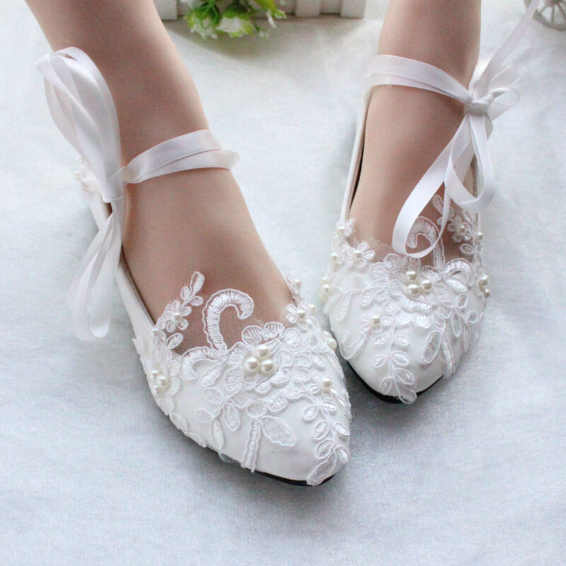 Flat White Wedding Shoes
 Women Flats Pearls Lace Mary Jane Princess Wedding White