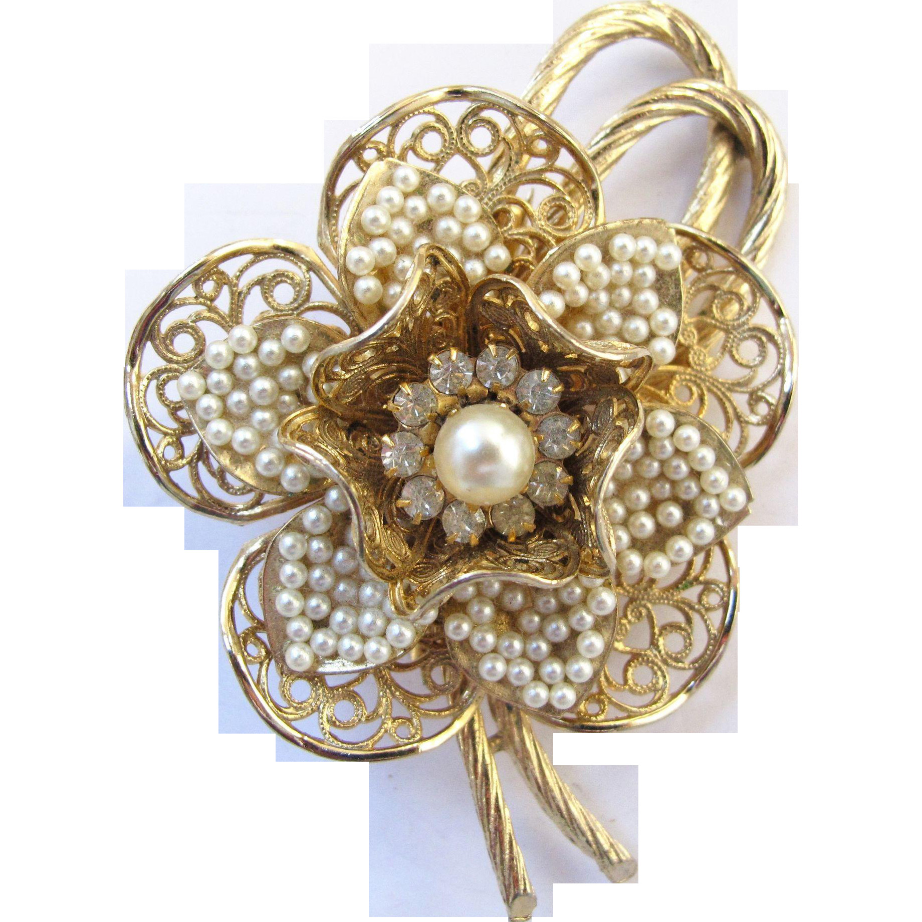 Flower Pins
 Vintage Coro Faux Seed Pearl Flower Brooch Book Piece