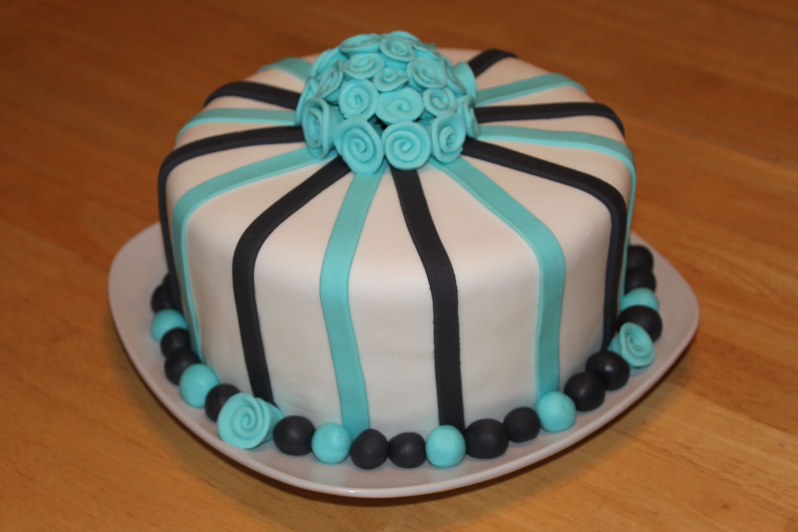 Fondant Birthday Cake
 Blue and Black Striped Birthday Fondant Cake