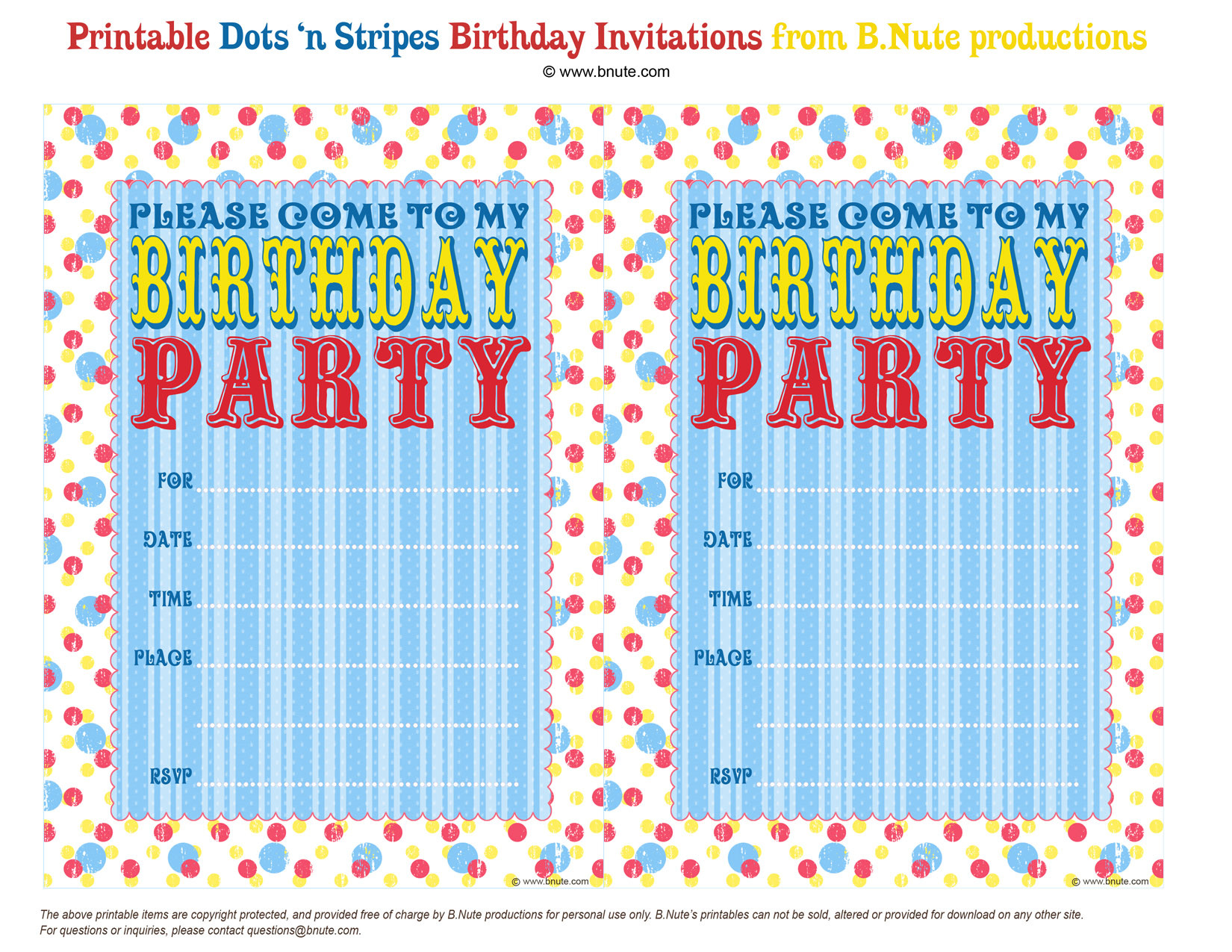 Free Birthday Party Invitations
 bnute productions Free Printable Dots n Stripes Birthday