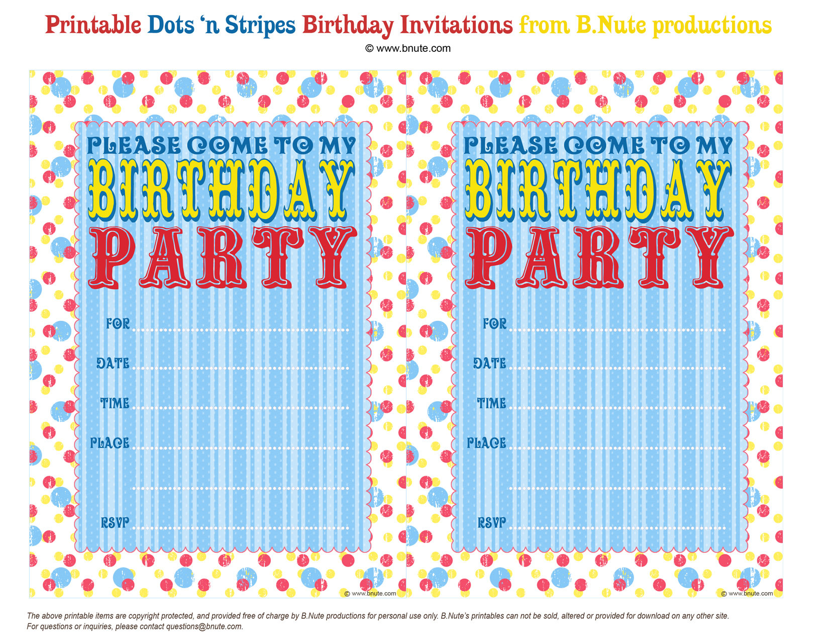 Free Online Printable Birthday Party Invitations
 Dots n Stripes Free Printable Party Invitations