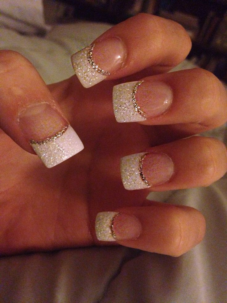 French Tip Acrylic Nails With Glitter
 Glitter white acrylic tips with silver accent minus the