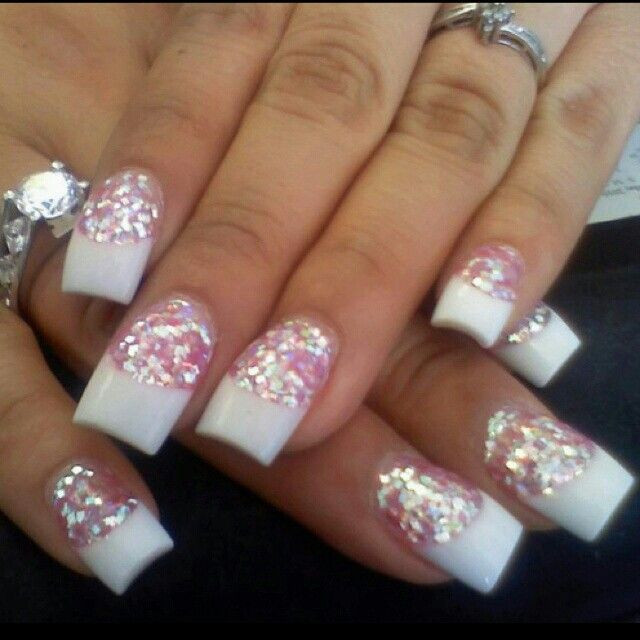 French Tip Acrylic Nails With Glitter
 White french with glitter