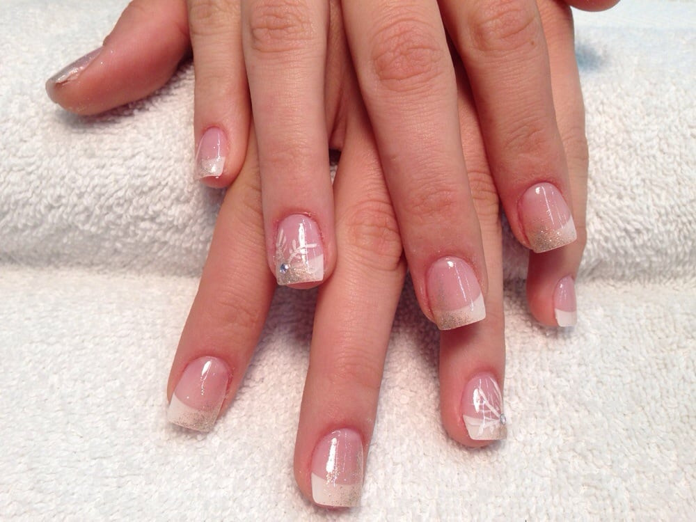 French Tip Acrylic Nails With Glitter
 Acrylic french tip nails with ombré glitter and a