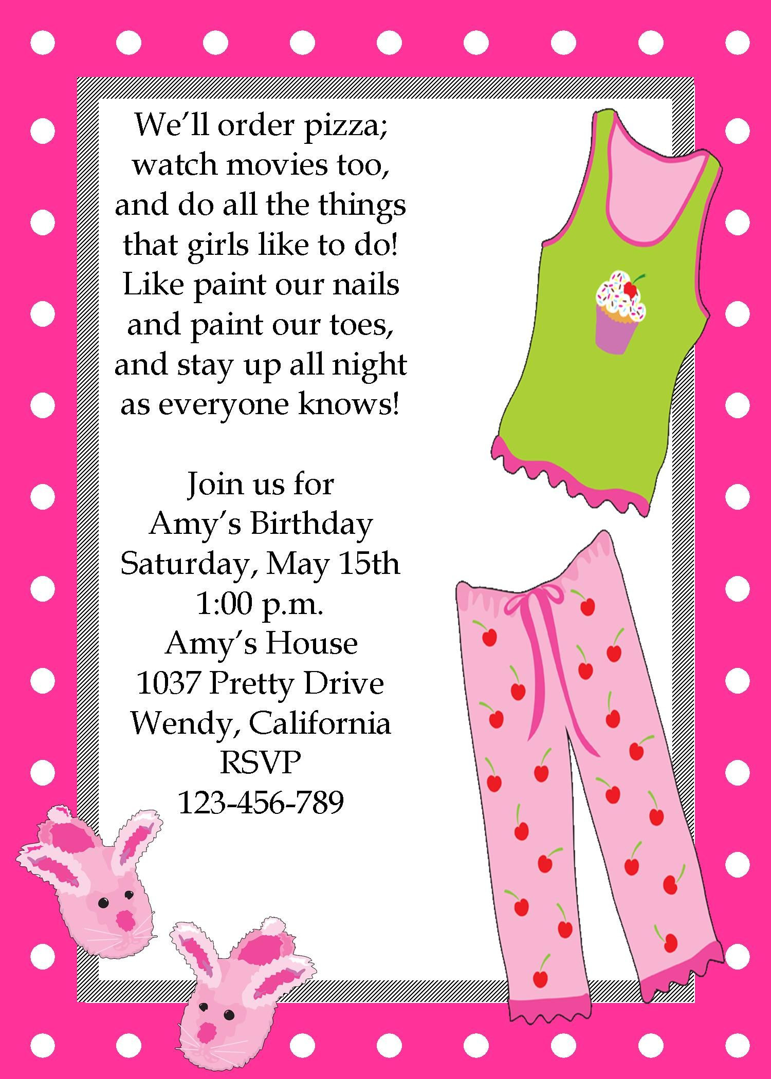 Fun Things To Do For A Birthday Party
 Girls sleepover pajama party invitation