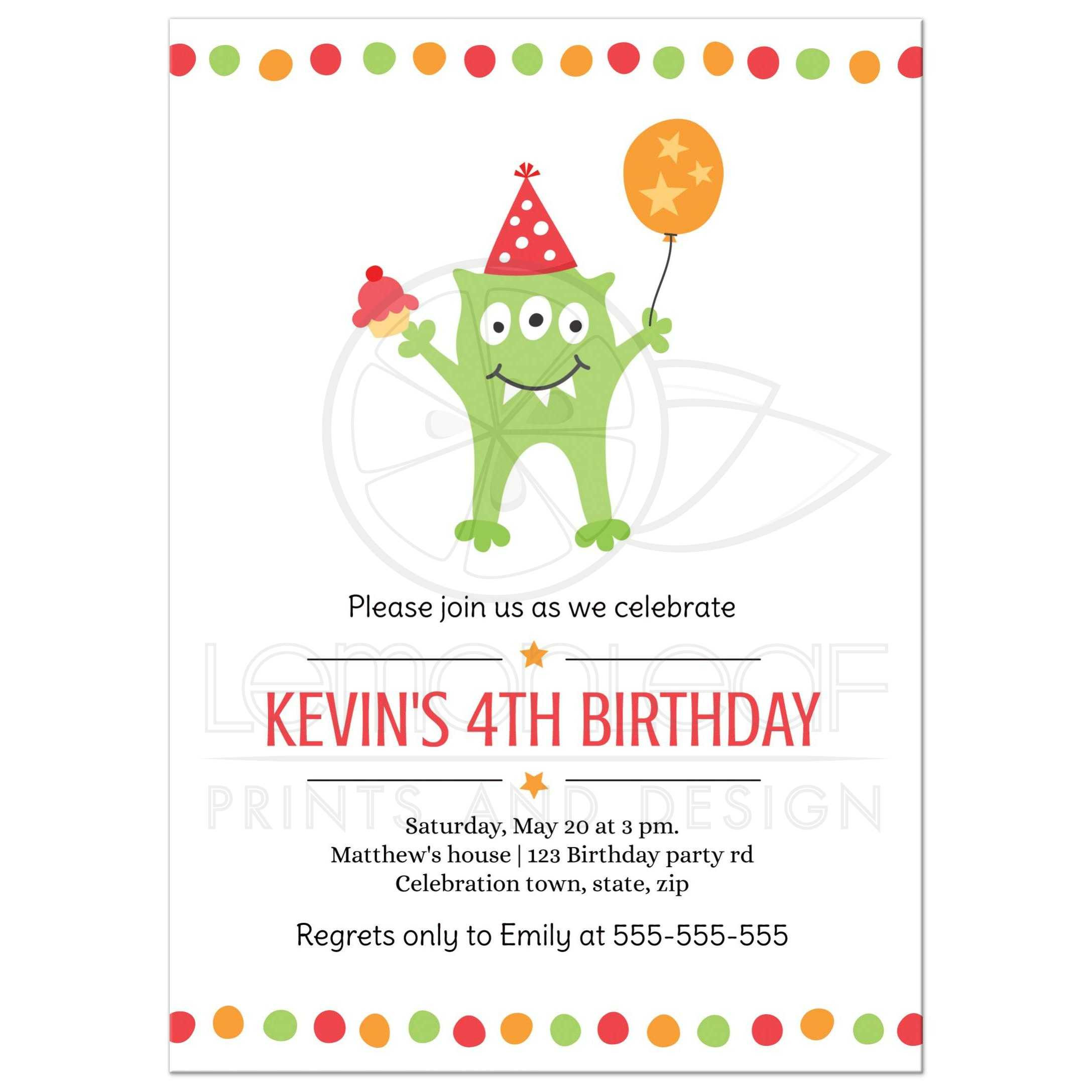 Funny Birthday Invitation
 Funny monster with balloon and party hat birthday