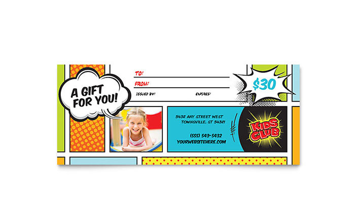 Gift Card For Child
 Kids Club Gift Certificate Template Word & Publisher