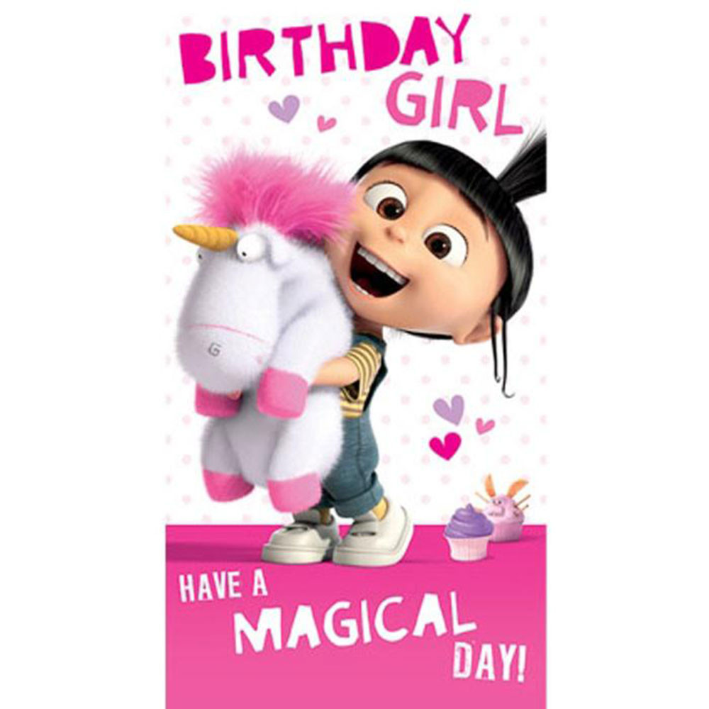 Girl Birthday Cards
 Birthday Girl Agnes & Fluffy Unicorn Minions Card DE045