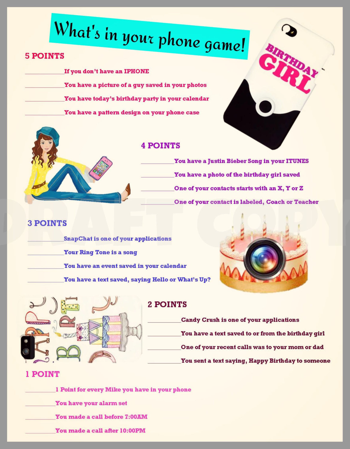 Girl Birthday Party Games
 Girls Birthday Party Game Whats in your phone