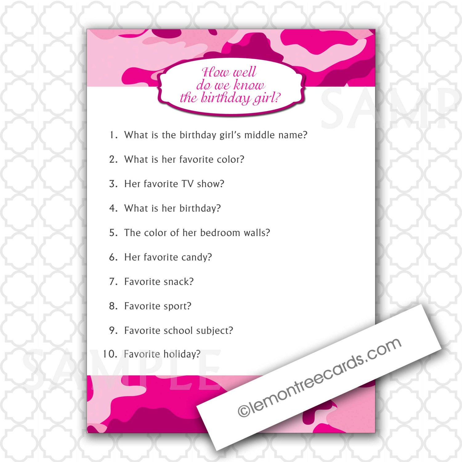 Girl Birthday Party Games
 Pink Camo Party Game How well do we know the birthday girl