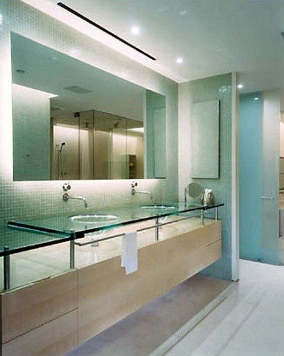 Glass Undermount Bathroom Sinks
 Bathroom With LED Lights And Undermount Glass Sinks