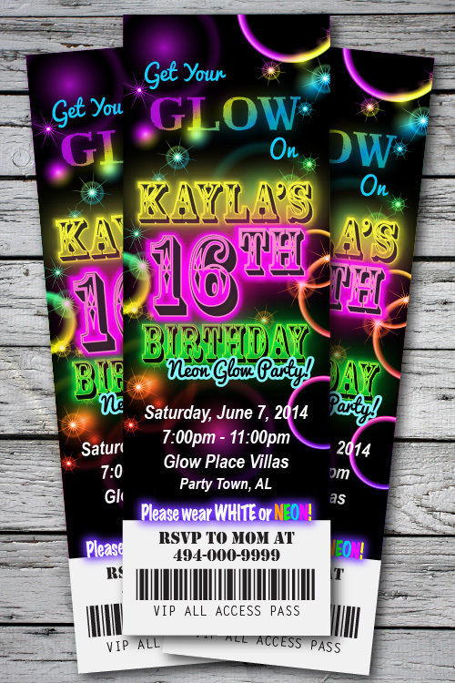 Glow In The Dark Birthday Party Invitations
 Sweet 16 GLOW in the Dark Theme NEON DISCO Birthday Party