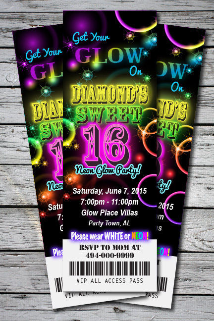 Glow In The Dark Birthday Party Invitations
 Sweet 16 GLOW in the Dark Theme NEON Birthday Party