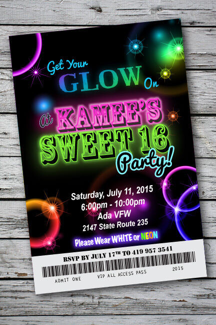 Glow In The Dark Birthday Party Invitations
 Sweet 16 GLOW in the Dark Theme NEON DISCO Birthday Party