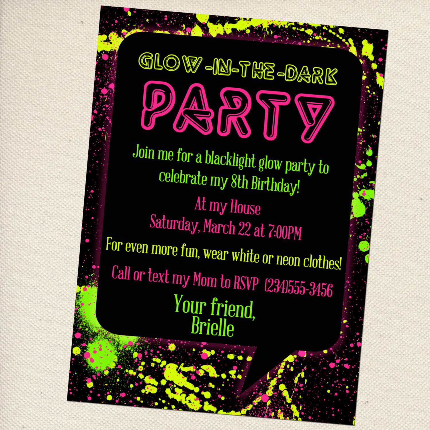 Glow In The Dark Birthday Party Invitations
 Customized Glow In The Dark Party Invitation