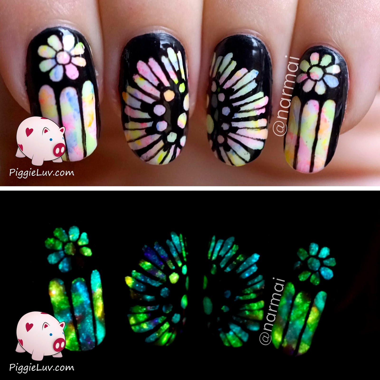 Glow In The Dark Nail Art
 PiggieLuv Glow in the dark rose window nail art