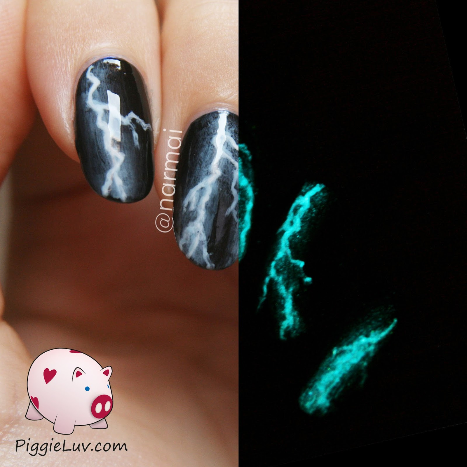 Glow In The Dark Nail Art
 PiggieLuv Lightning glow in the dark nail art featuring