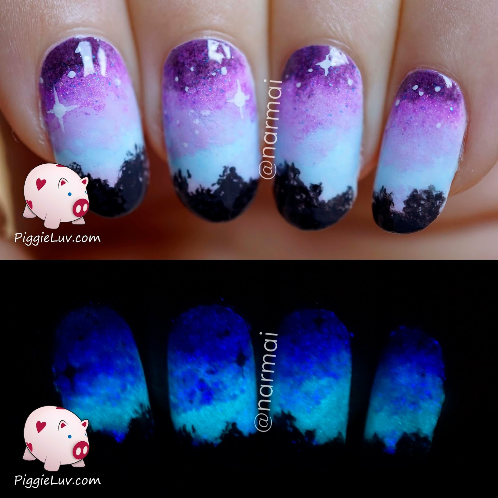 Glow In The Dark Nail Art
 PiggieLuv Over the tree tops glow in the dark nail art