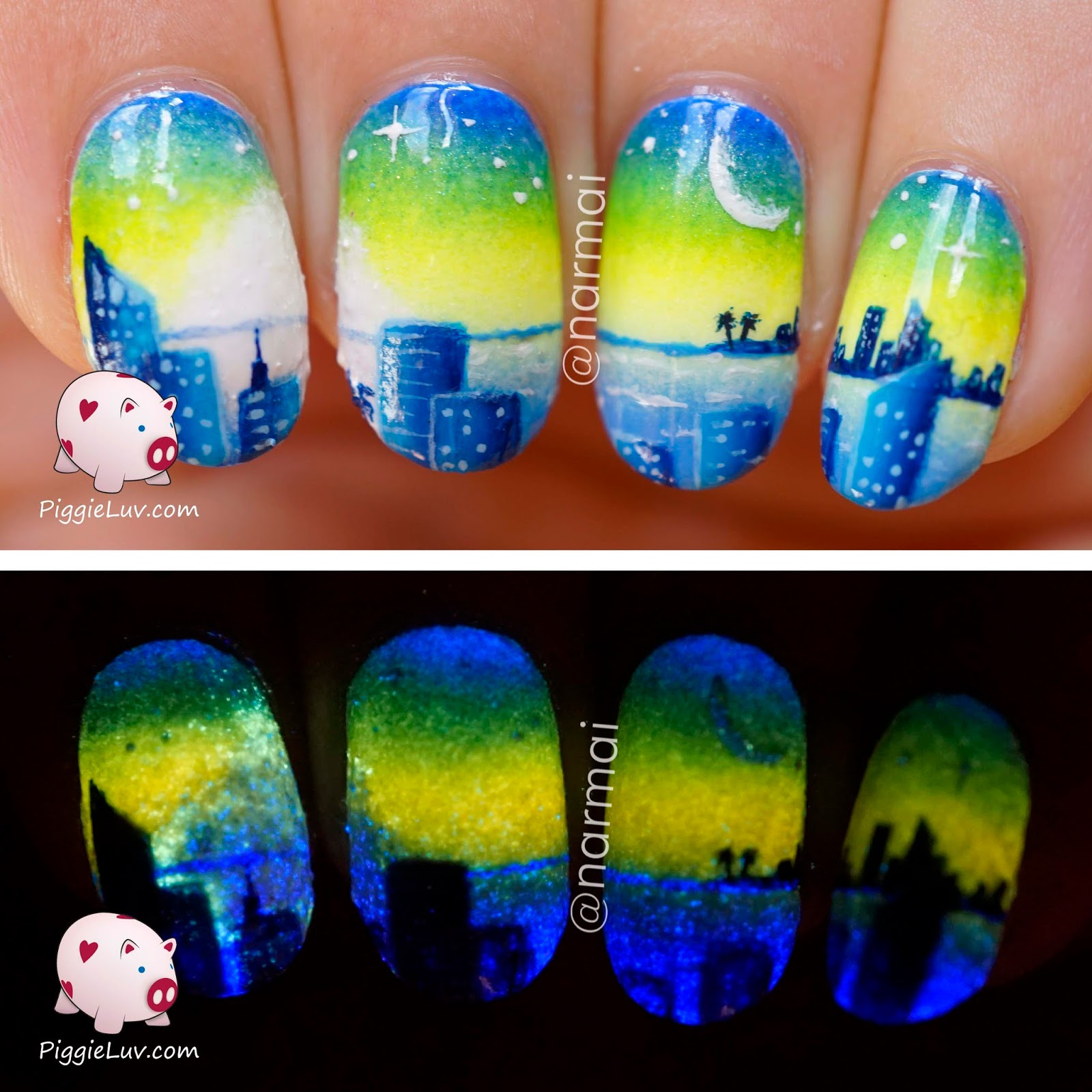 Glow In The Dark Nail Art
 PiggieLuv Starry night glow in the dark nail art HPB linkup