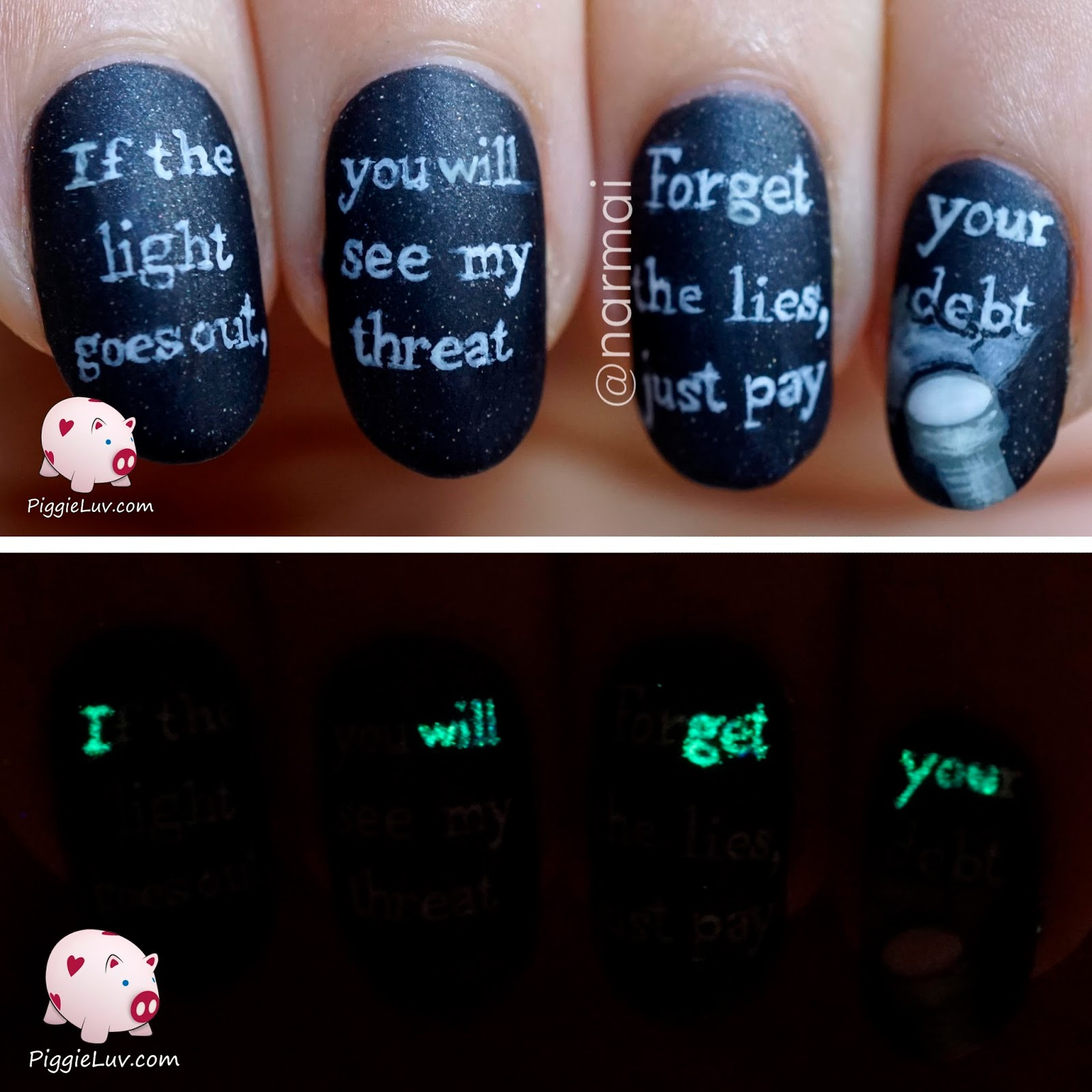 Glow In The Dark Nail Art
 PiggieLuv Glow in the dark threat message nail art