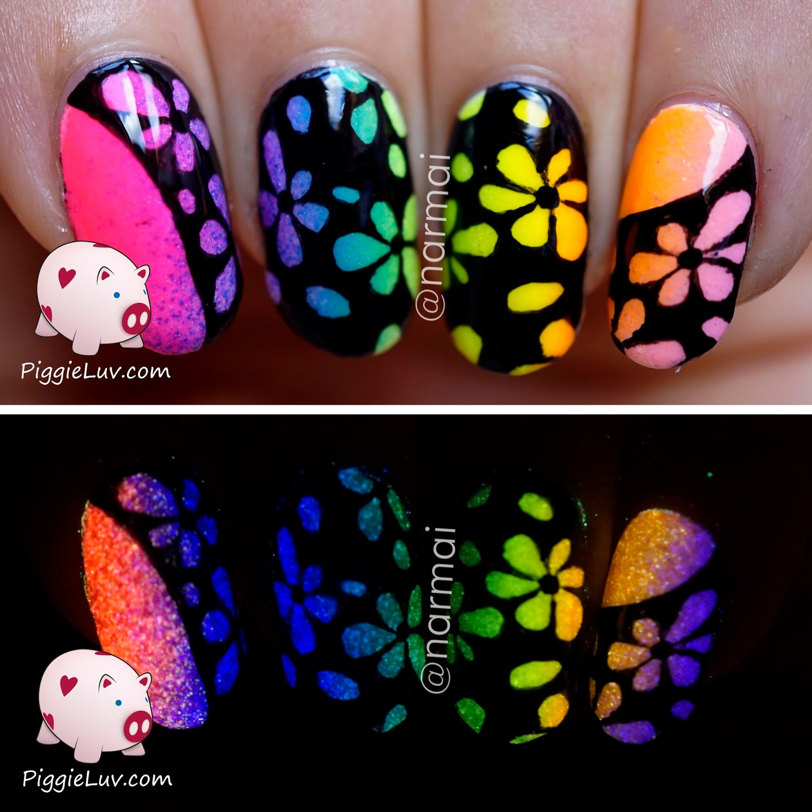 Glow In The Dark Nail Art
 PiggieLuv Inverse glow in the dark flowers nail art