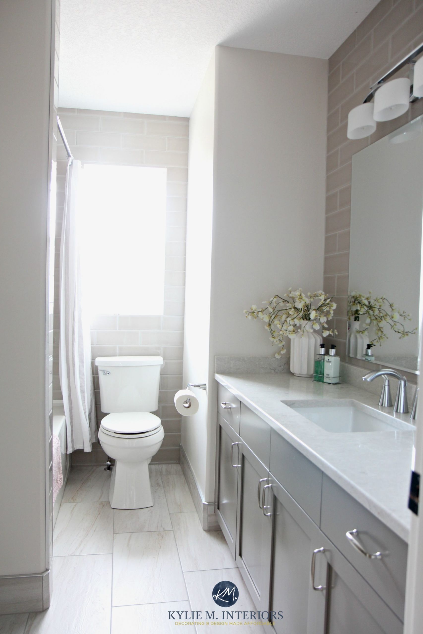 Gray Bathroom Walls
 Greige and gray bathroom update with Bianco Drift quartz