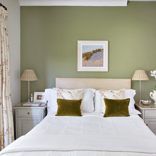 Green Walls Bedroom
 Pretty bedroom with olive green feature wall