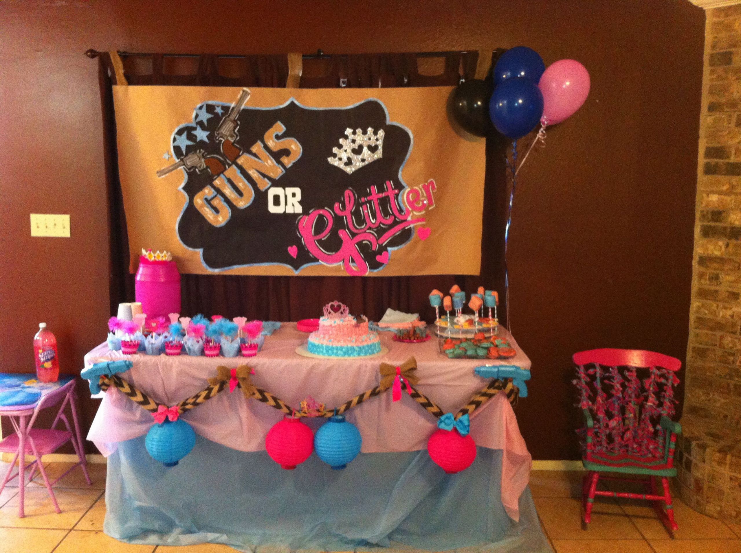 Guns And Glitter Gender Reveal Party Ideas
 Guns or glitter or can do Rifles or Ruffles