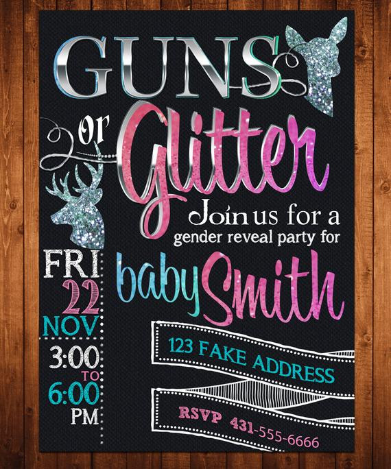 Guns And Glitter Gender Reveal Party Ideas
 Gender Reveal Invitation Guns or Glitter Customized by