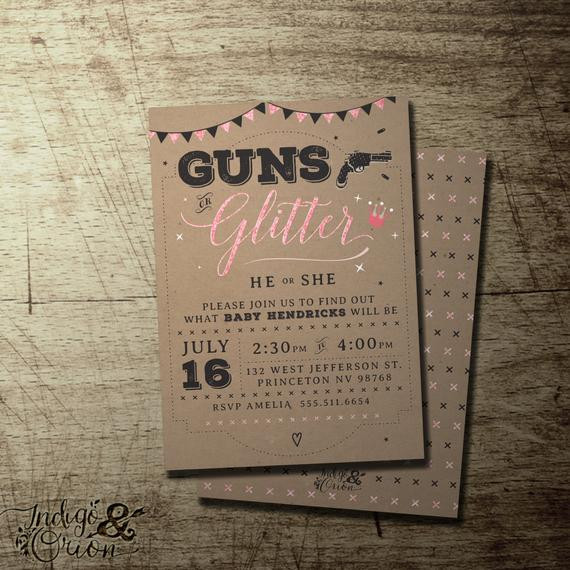 Guns And Glitter Gender Reveal Party Ideas
 Guns or Glitter Gender Reveal invitation gender reveal party