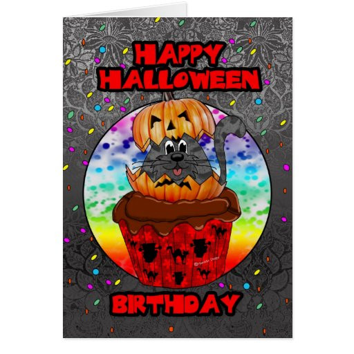Halloween Birthday Wishes
 halloween birthday greeting card with cupcake cat