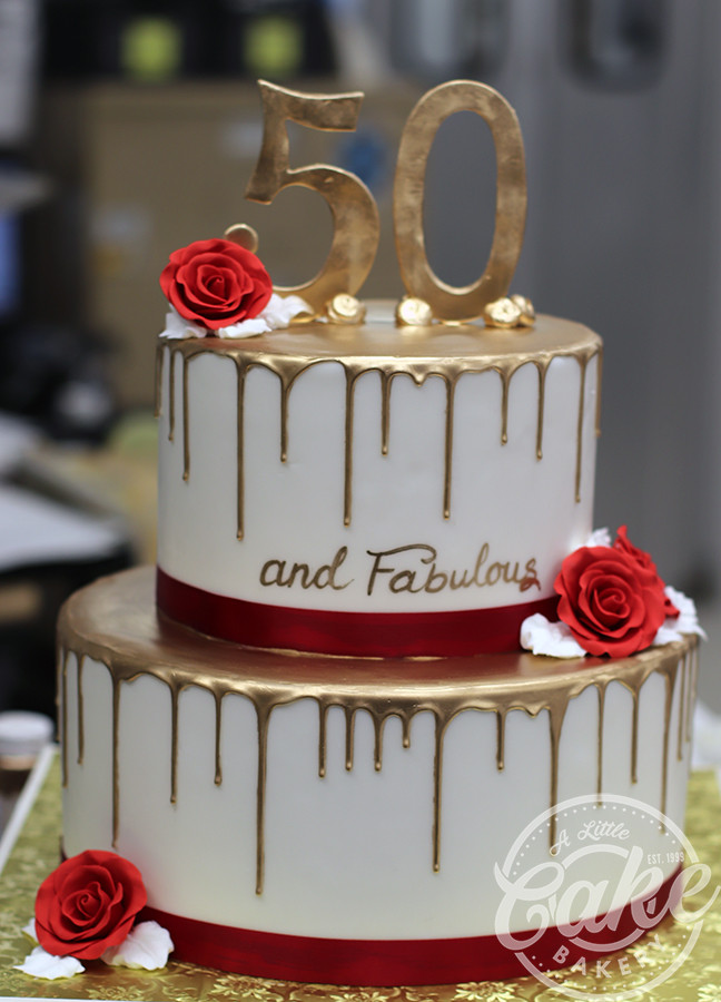 Happy 50th Birthday Cake
 2 Tiered Gold Drip 50th Birthday Cake
