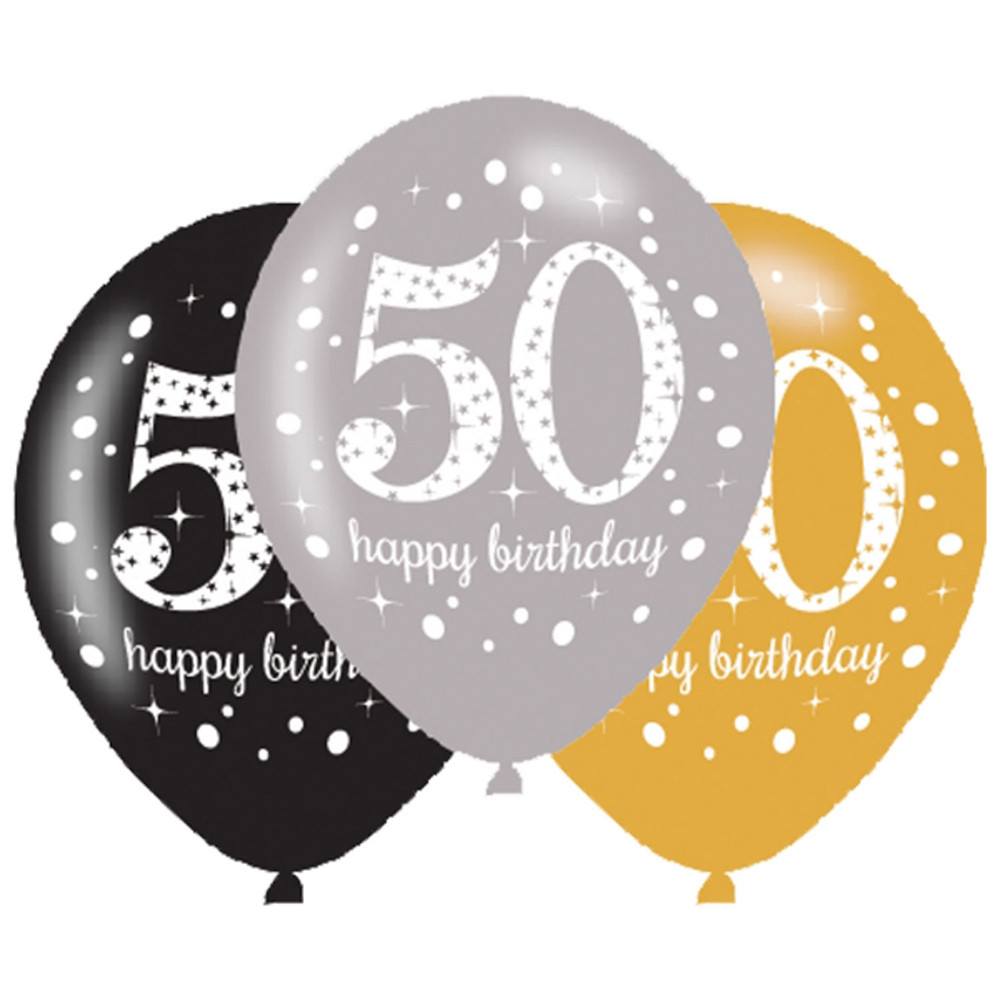 Happy 50th Birthday Decorations
 6 x 50th Birthday Balloons Black Silver Gold Party