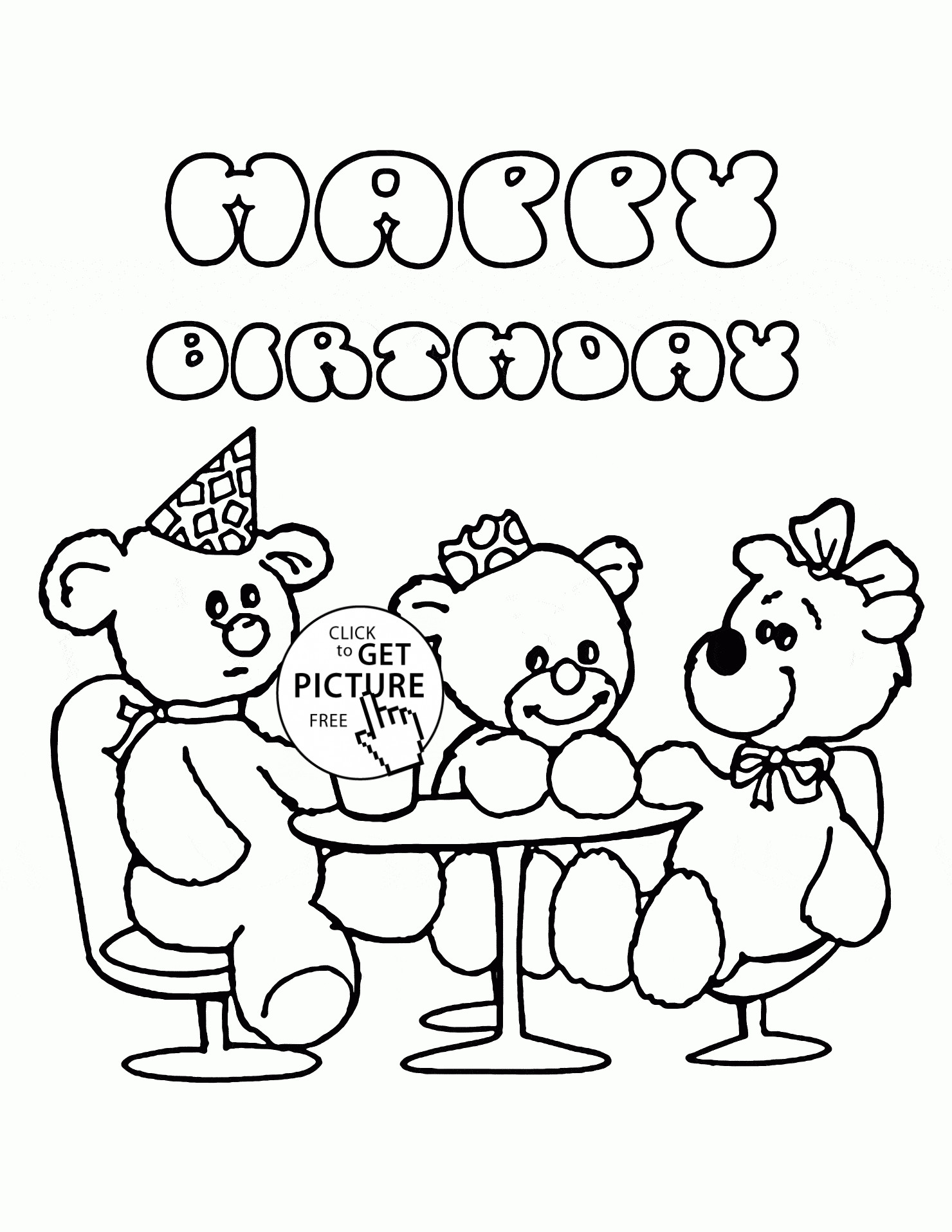 Happy Birthday Coloring Pages For Kids
 Happy Birthday with Teddy Bears coloring page for kids