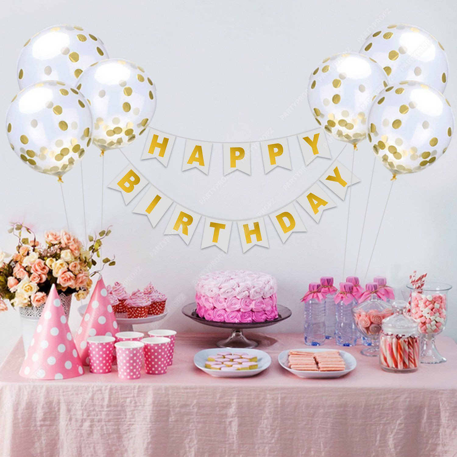 Happy Birthday Decoration
 Happy Birthday Banner & 6 Pieces Gold Confetti Balloons