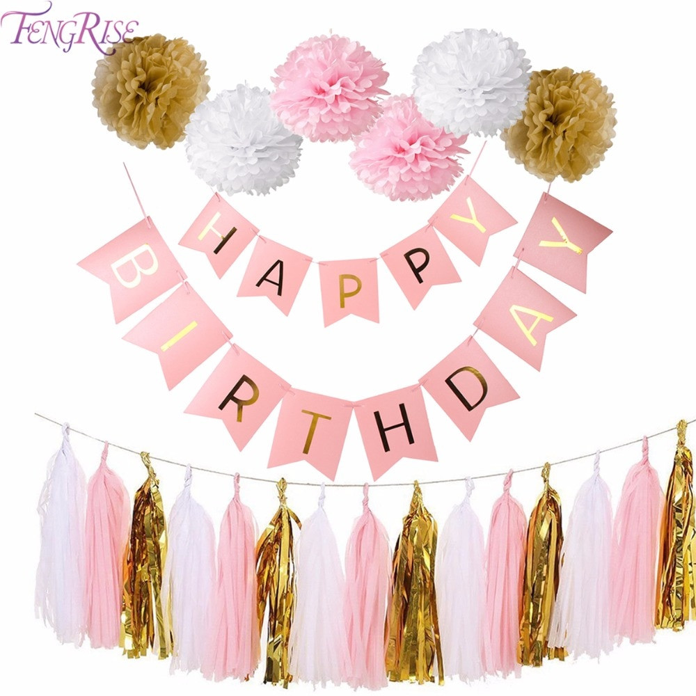 Happy Birthday Decoration
 FENGRISE Pink Happy Birthday Banner White Tissue Paper