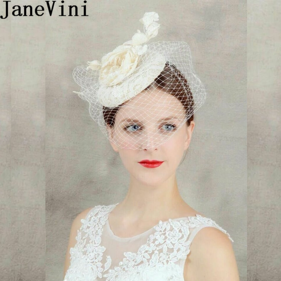 Hat With Veil For Wedding
 JaneVini Vintage Women Lace Wedding Hat Flowers Mesh Face