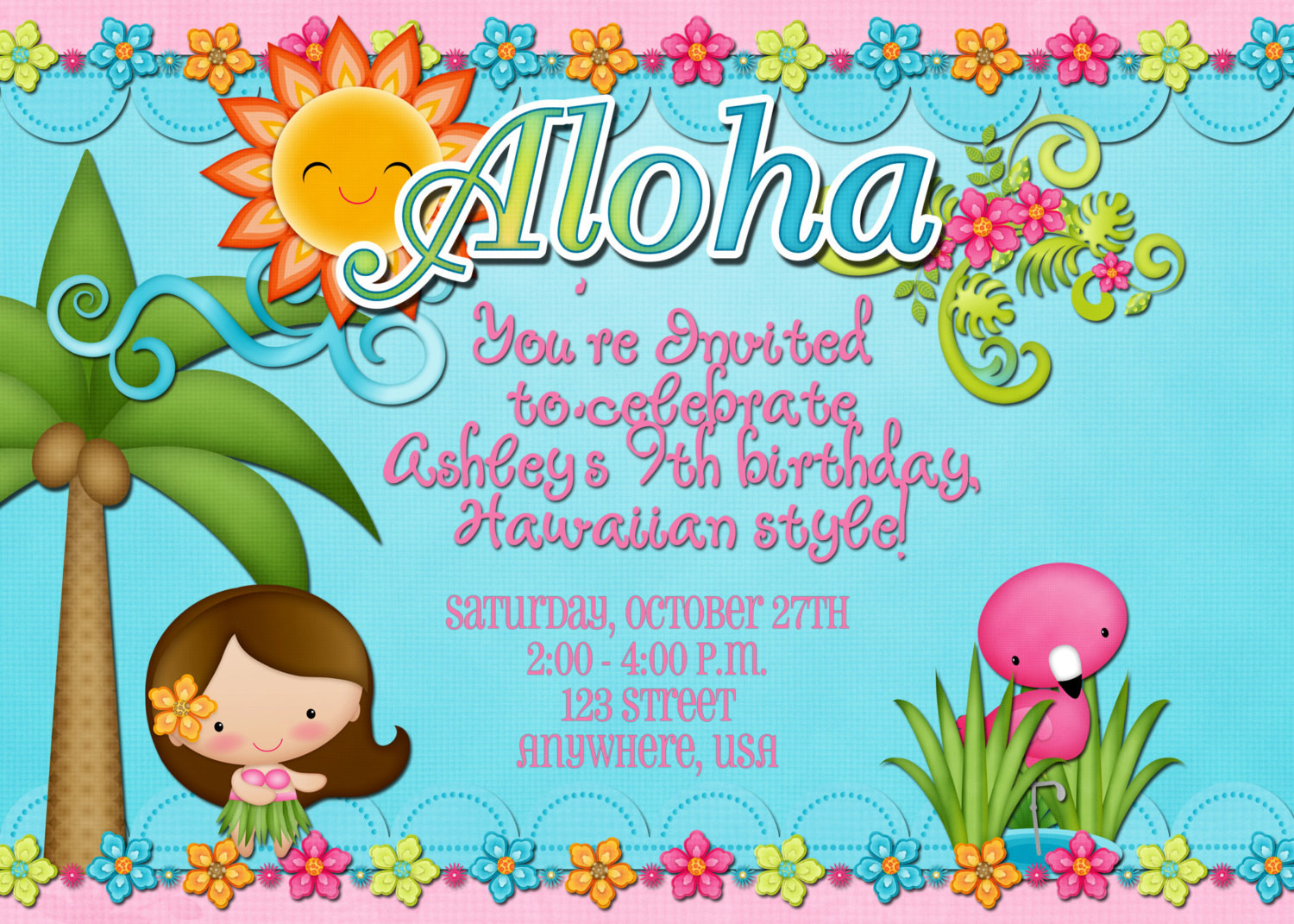 Hawaiian Birthday Invitations
 Hawaiian Luau Birthday Party Invitation by DecidedlyDigital