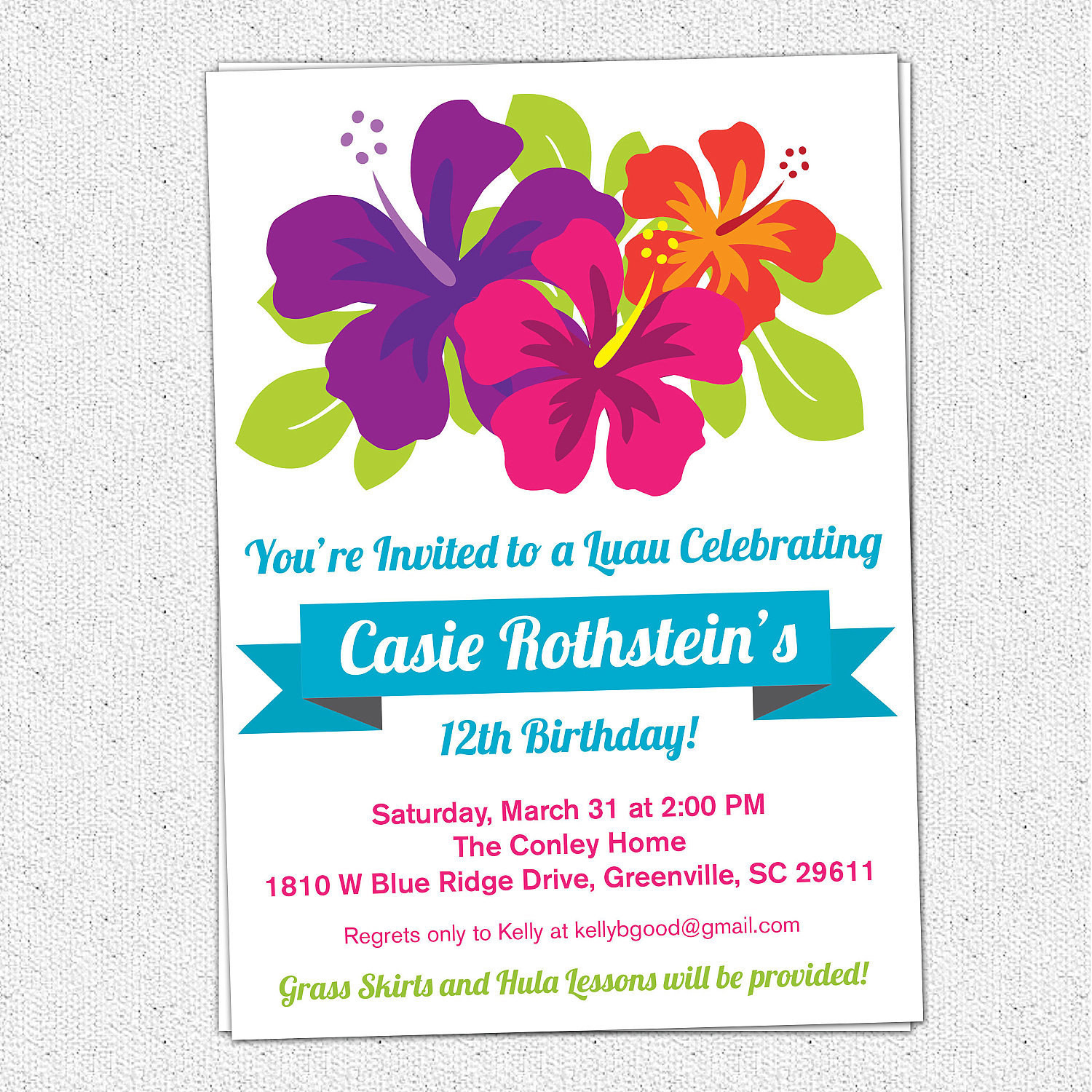 Hawaiian Birthday Invitations
 Printable Luau Birthday Invitation Summer Party Hibiscus