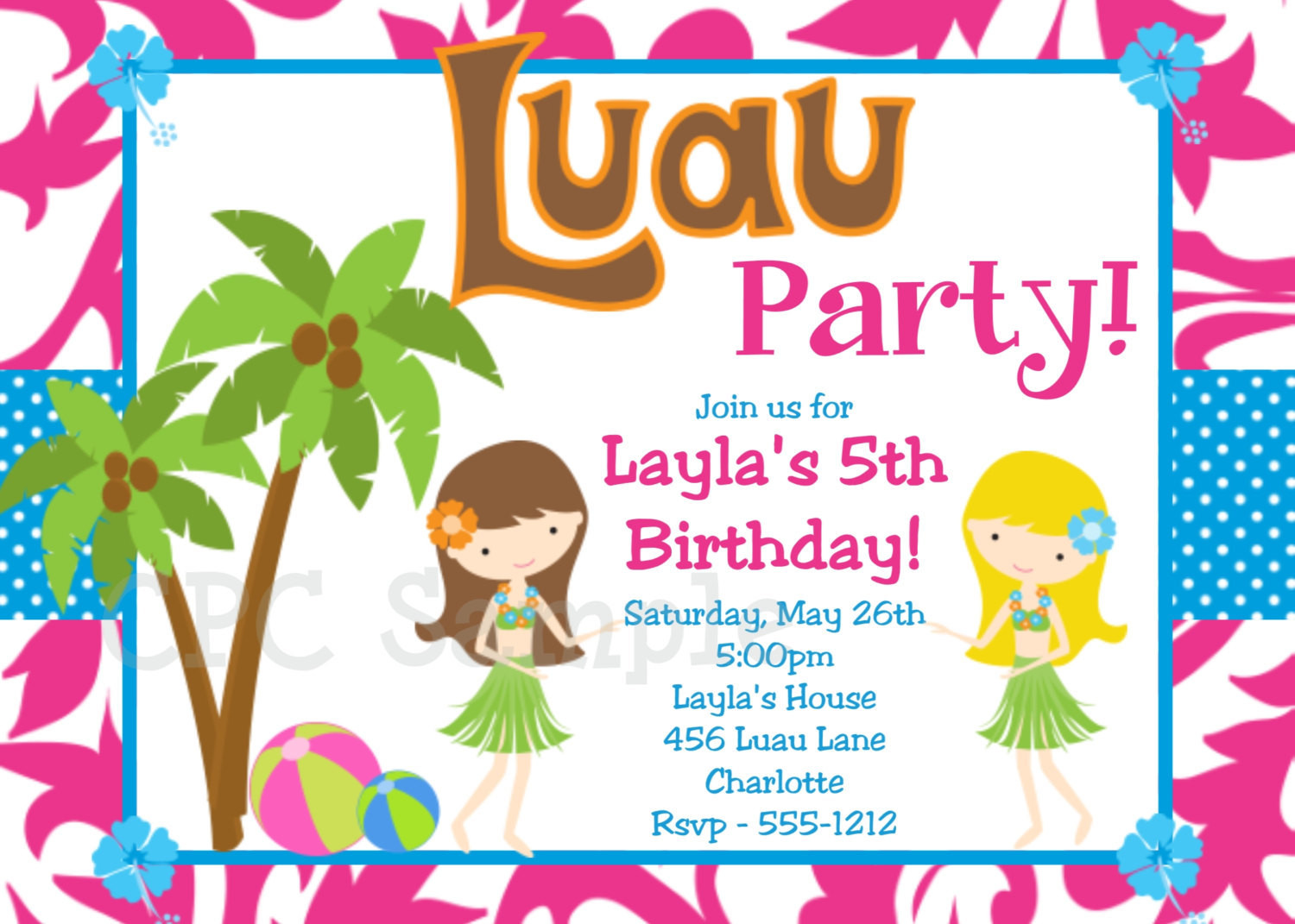 Hawaiian Birthday Invitations
 Luau Birthday Invitation Luau Party Invitations Printable or