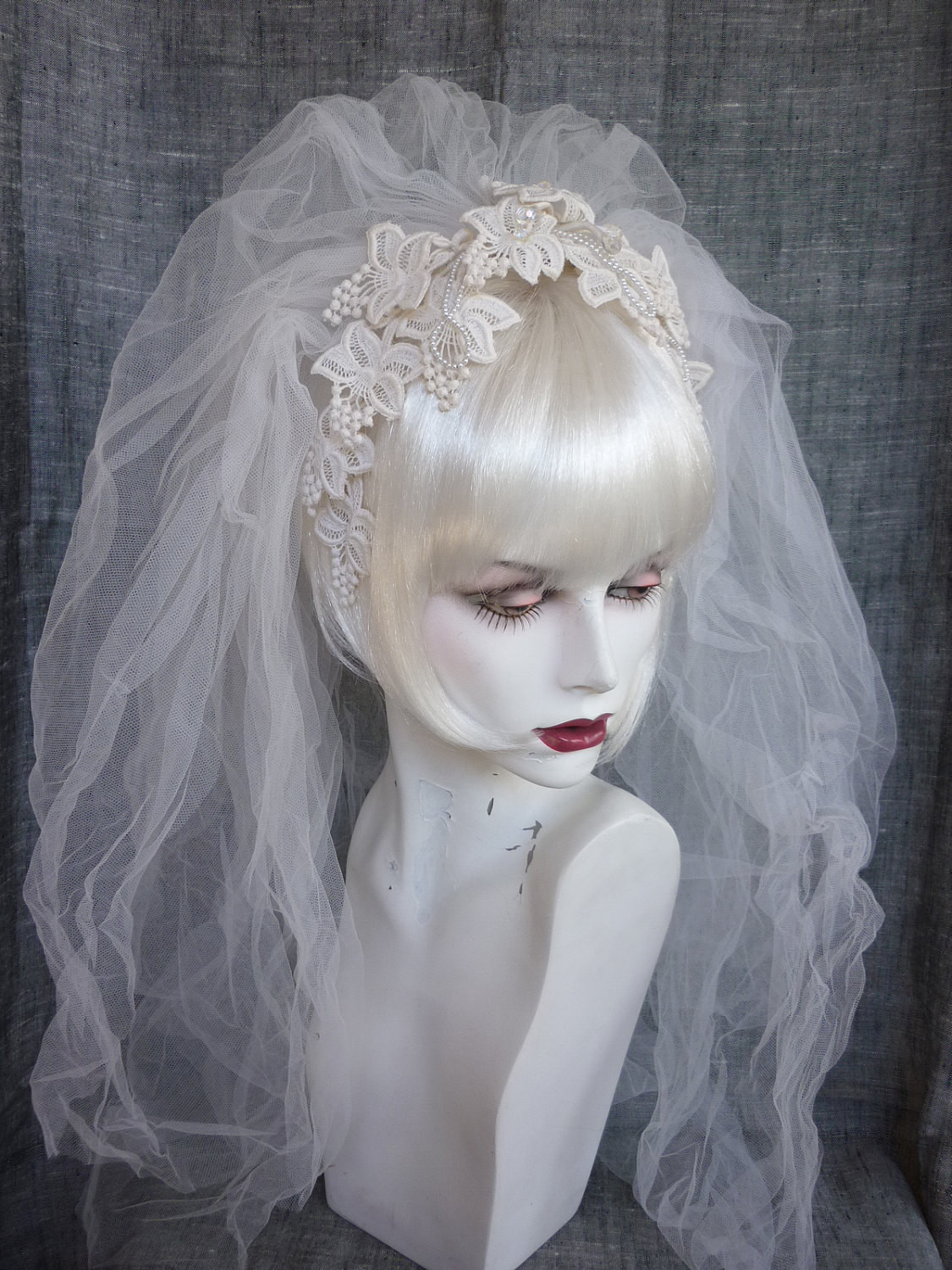 Headband Wedding Veil
 Vintage Bridal Veil Lace Flower Headband 70s 80s