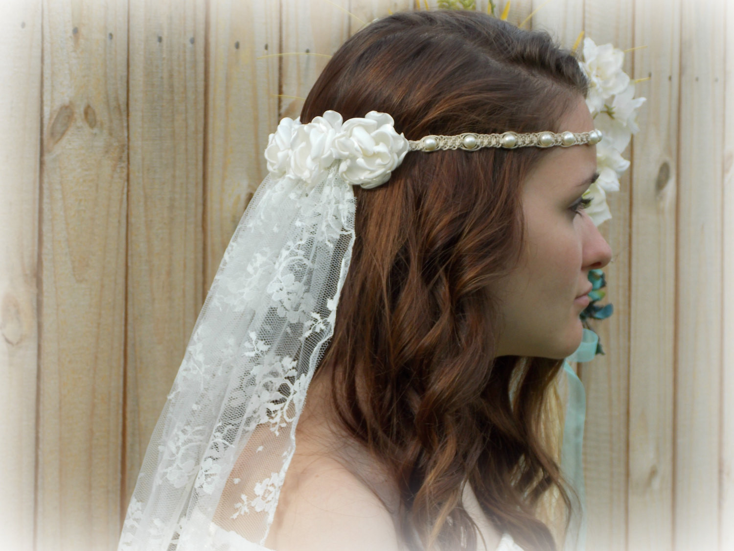 Headband Wedding Veil
 Ivory Wedding Veil Headband Handmade of Hemp Pearls & Satin