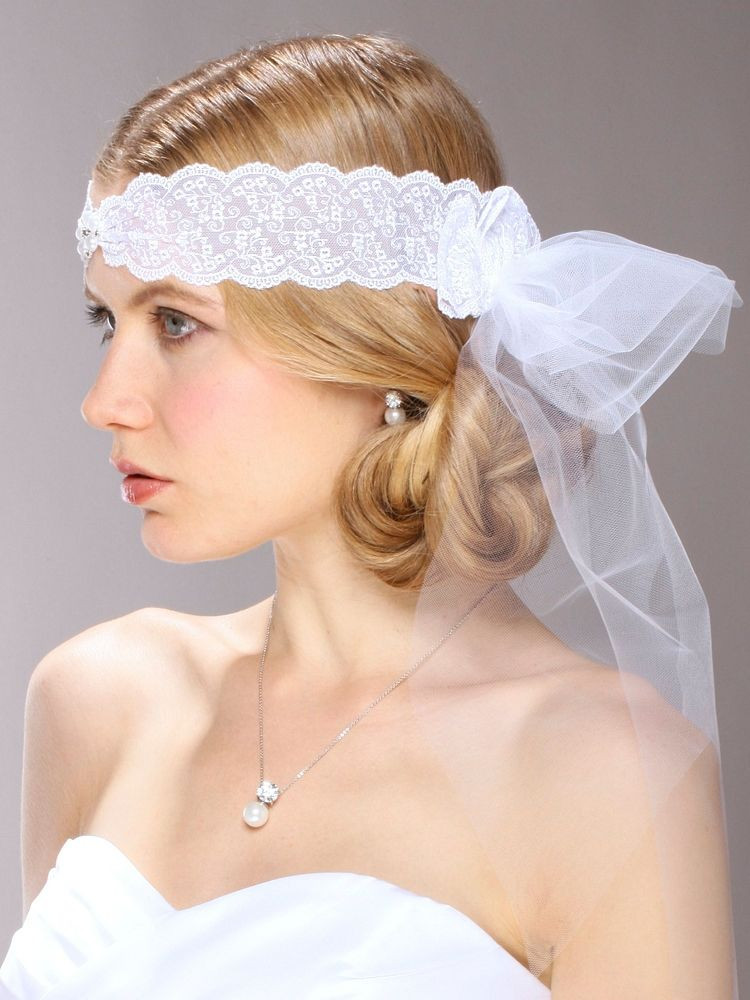 Headband Wedding Veil
 Vintage White Lace Bridal Headband with Tulle Veil