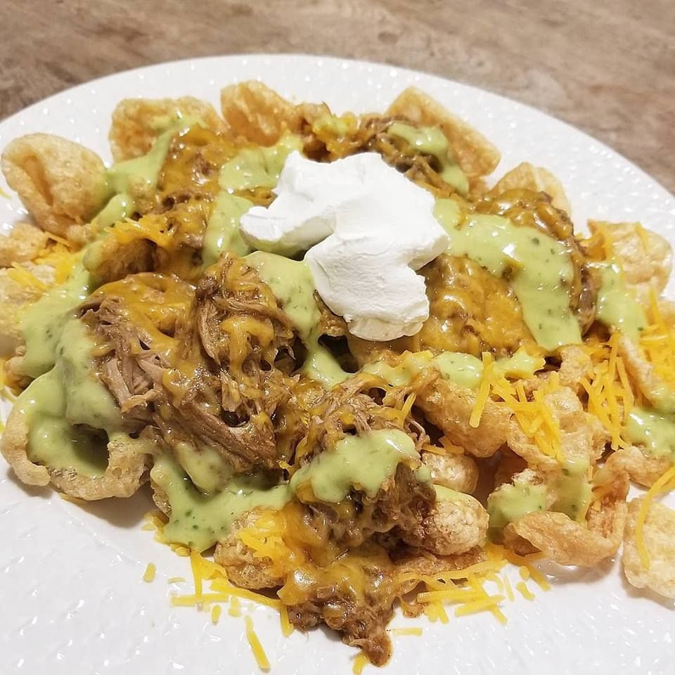 Herdez Guacamole Salsa Recipes
 Pork rind nachos with BBQ pulled pork topped with Herdez