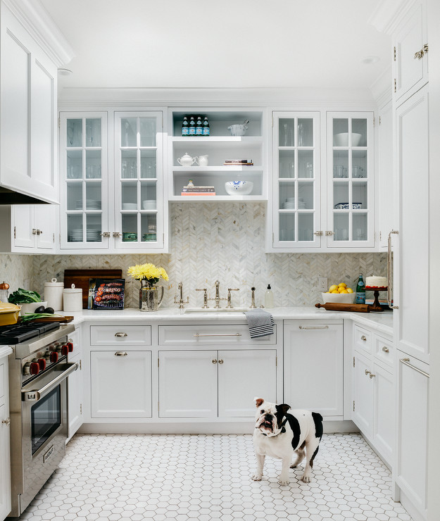 Hex Tile Kitchen Floor
 U Shaped Kitchen with White Hexagon Floor Tiles