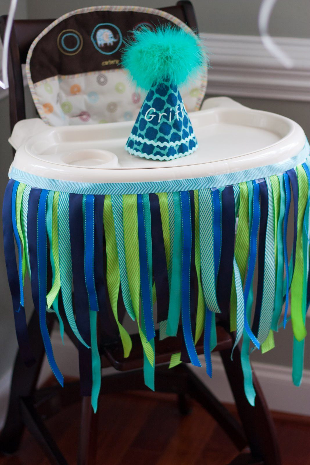 High Chair Decorations 1st Birthday Boy
 Decorated high chair with ribbon and custom birthday party