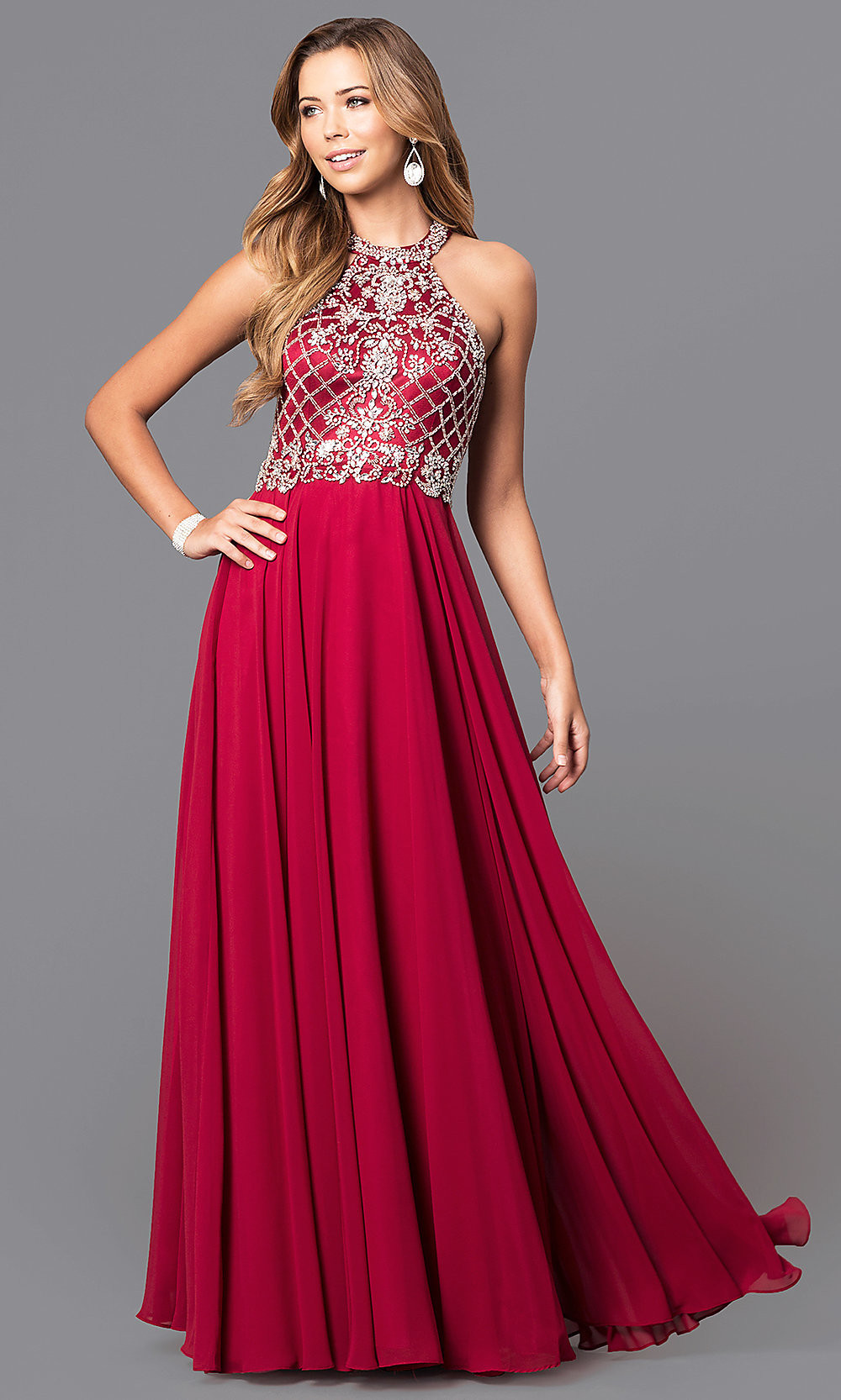 High Neck Prom Dress Hairstyles
 Jeweled High Neck Long Chiffon Prom Dress PromGirl