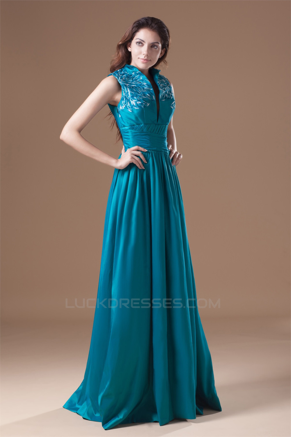 High Neck Prom Dress Hairstyles
 Pleats Floor Length Taffeta Sleeveless High Neck Prom