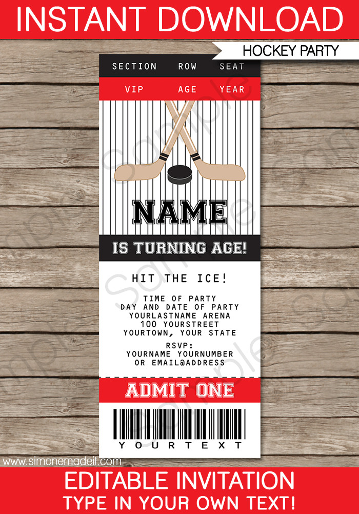 Hockey Birthday Invitations
 Hockey Party Ticket Invitations Birthday Party